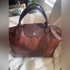 Longchamp Le pliage cuir dark brown leather tote bag